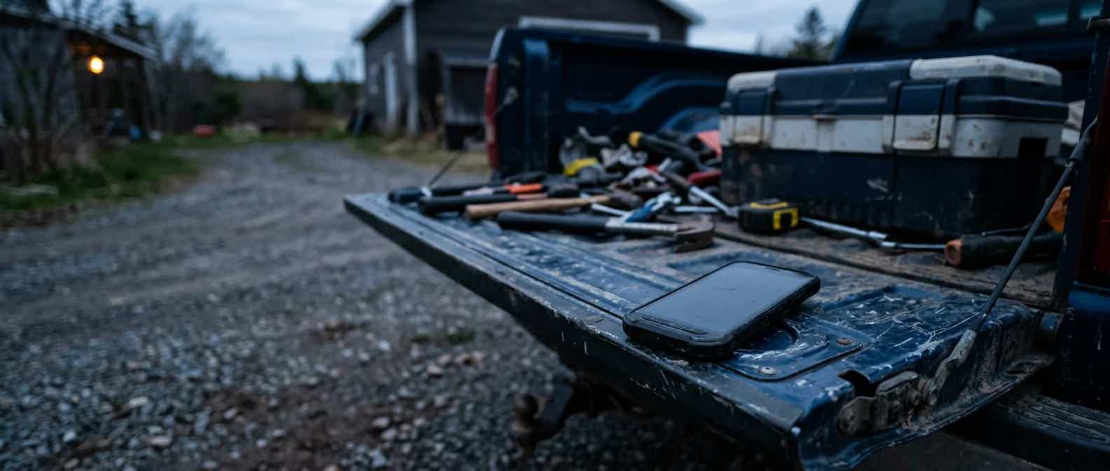 A work phone resting on the open tailgate of a pickup truck in a driveway at dusk, tools blurred behind it.