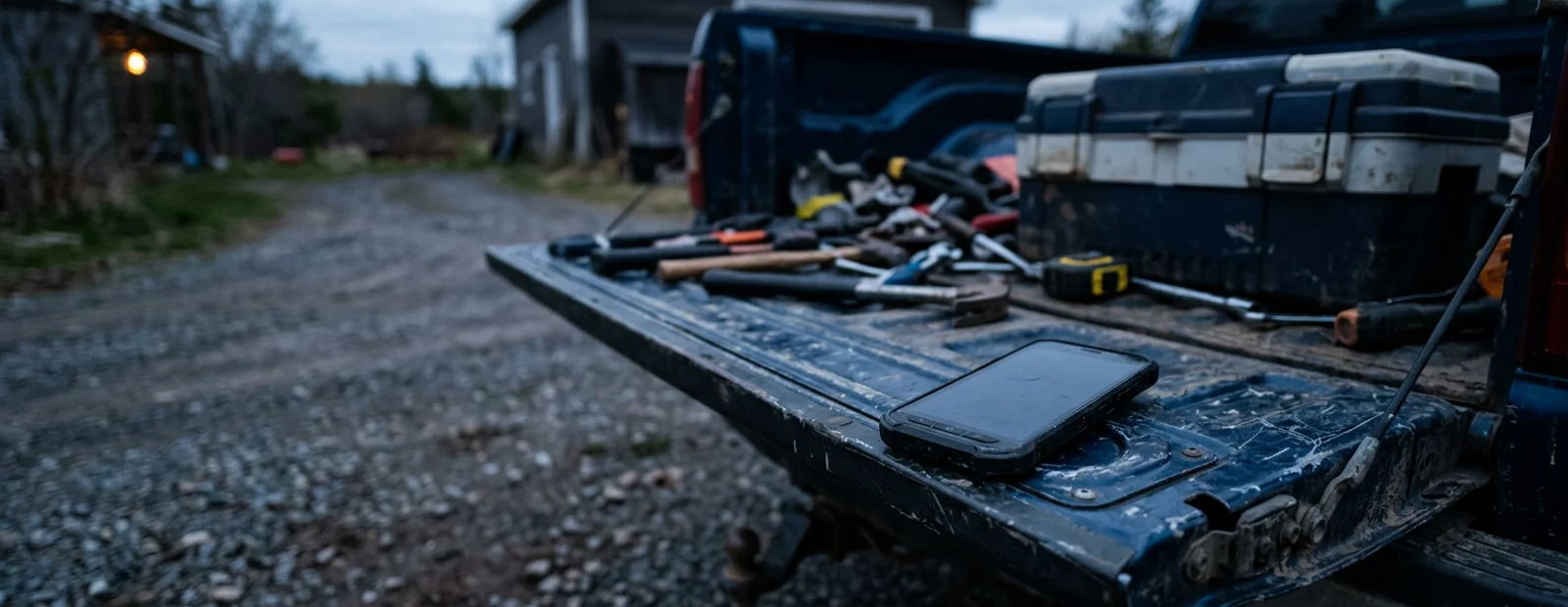 A work phone resting on the open tailgate of a pickup truck in a driveway at dusk, tools blurred behind it.