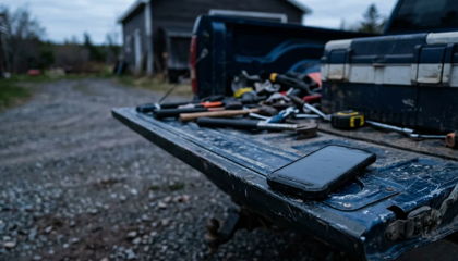 A work phone resting on the open tailgate of a pickup truck in a driveway at dusk, tools blurred behind it.