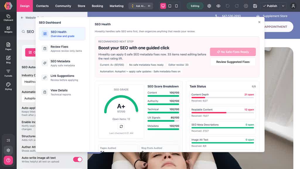 Hiveality SEO Dashboard showing a site-wide health grade, score breakdown, and a prioritized list of suggested fixes.