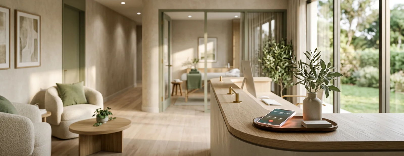 Modern med spa reception desk with a phone answering a call while the front desk is empty