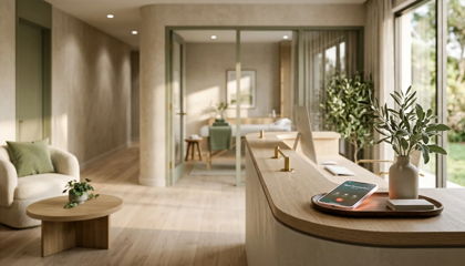 Modern med spa reception desk with a phone answering a call while the front desk is empty