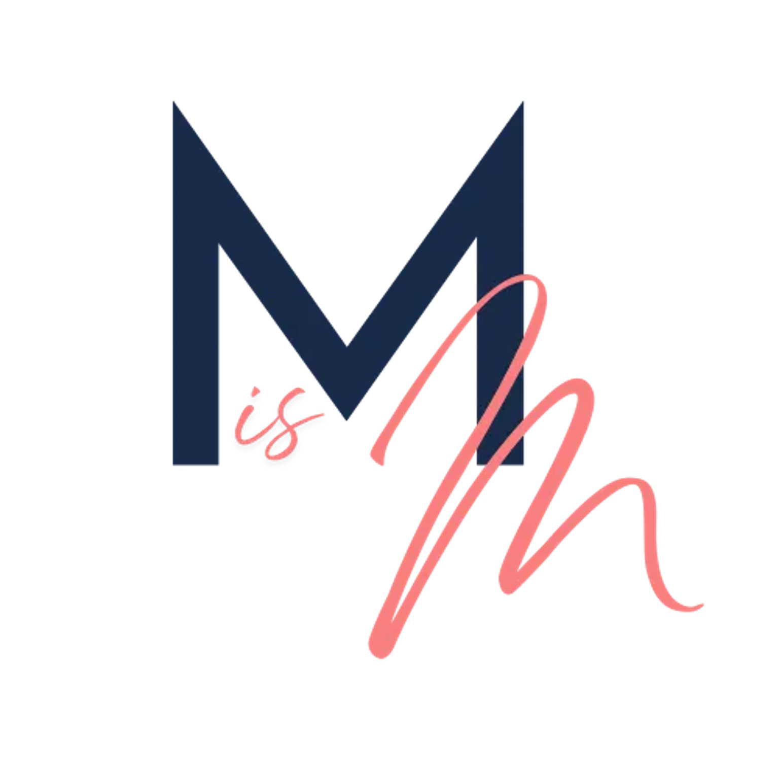 Blue letter “M” with handwritten pink cursive “is M” on black background