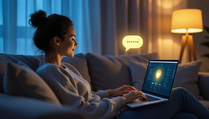 A visitor browsing a wellness website at night with the AI chat ready to answer