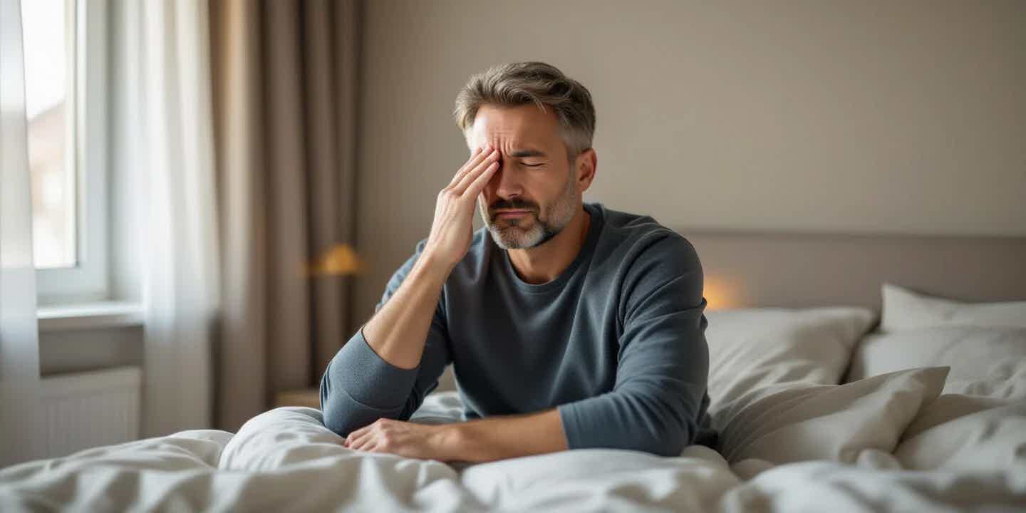 Tired man sitting on the edge of the bed in the morning, low energy and fatigue