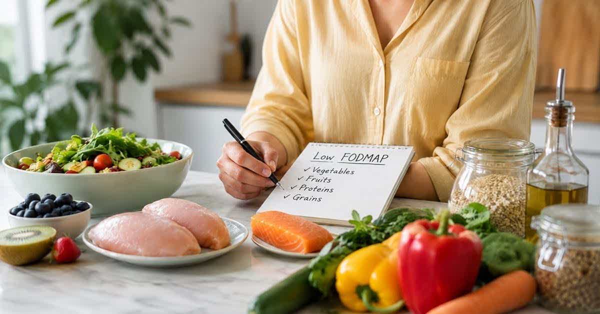 Woman writing a low-FODMAP food checklist surrounded by salmon, chicken, blueberries, vegetables, olive oil, and grains.