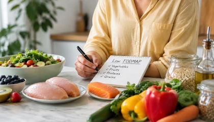 Woman writing a low-FODMAP food checklist surrounded by salmon, chicken, blueberries, vegetables, olive oil, and grains.