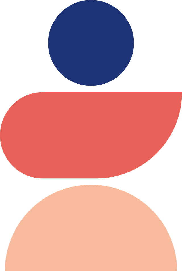 Abstract stacked shapes: a small dark blue circle atop a red curved bar and a peach circle beneath.
