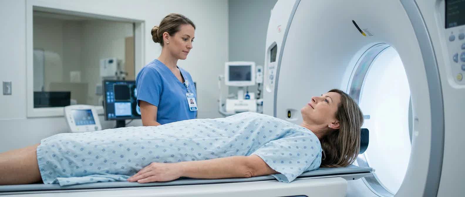 Woman in midlife, approximately 45-55 years old, calmly undergoing a CT scan in a modern clinical imaging room, wearing a hospital gown, technologist nearby, soft clinical