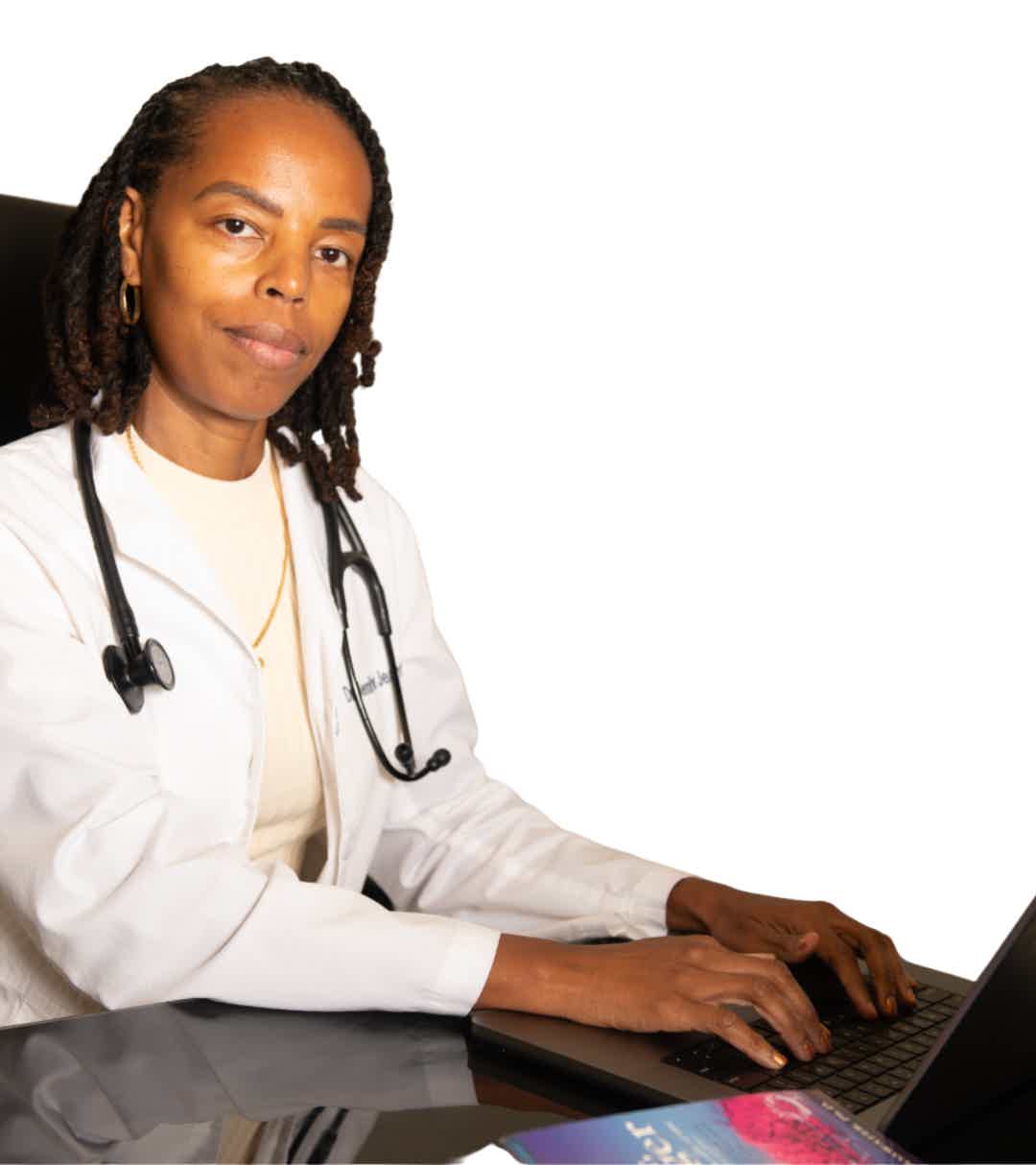 Medical professional with stethoscope, wearing white coat, calm expression.