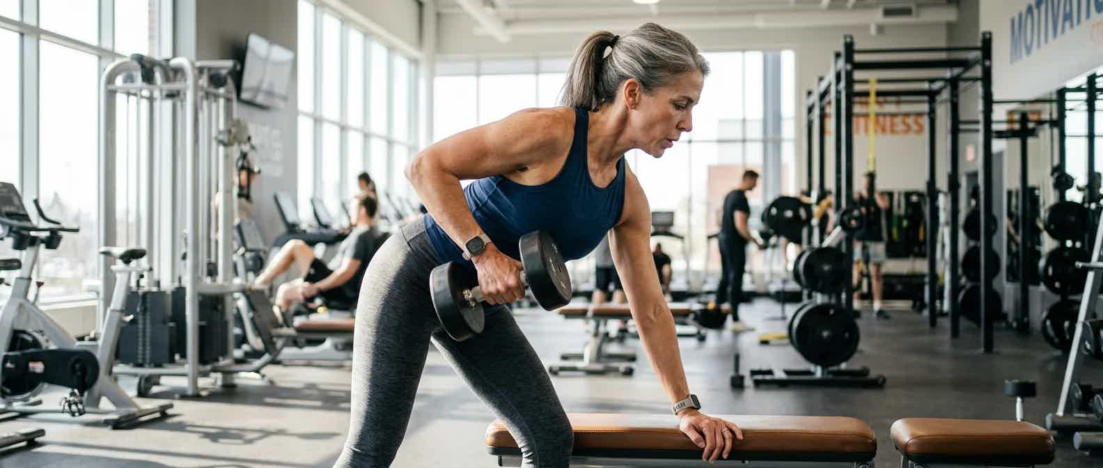 Woman in her 40s lifting a dumbbell with a natural grip during a strength training session