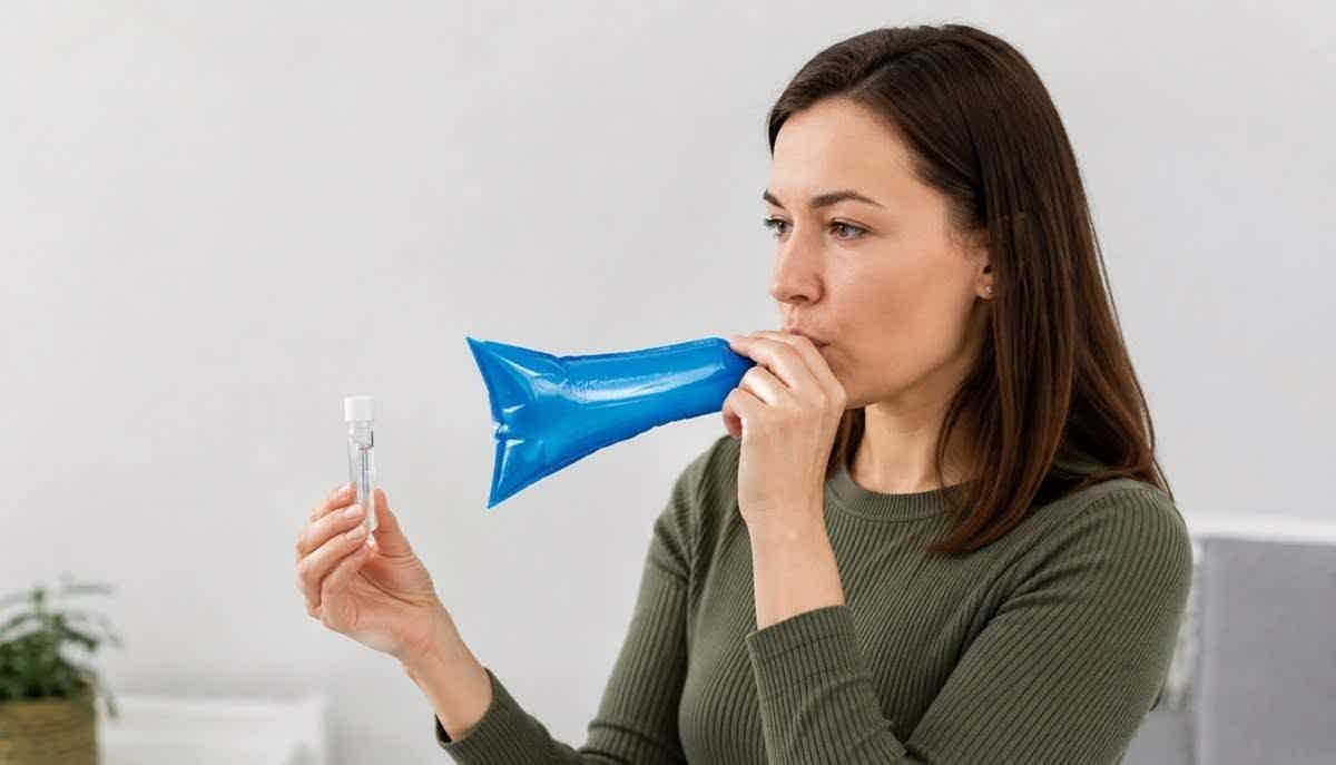 Woman breathing into a blue collection bag during a SIBO breath test while holding a sample tube.