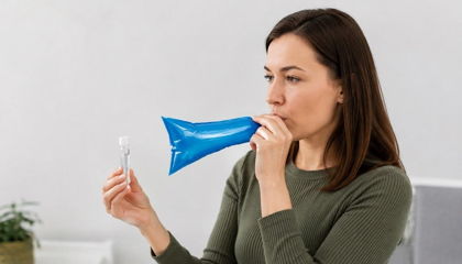 Woman breathing into a blue collection bag during a SIBO breath test while holding a sample tube.