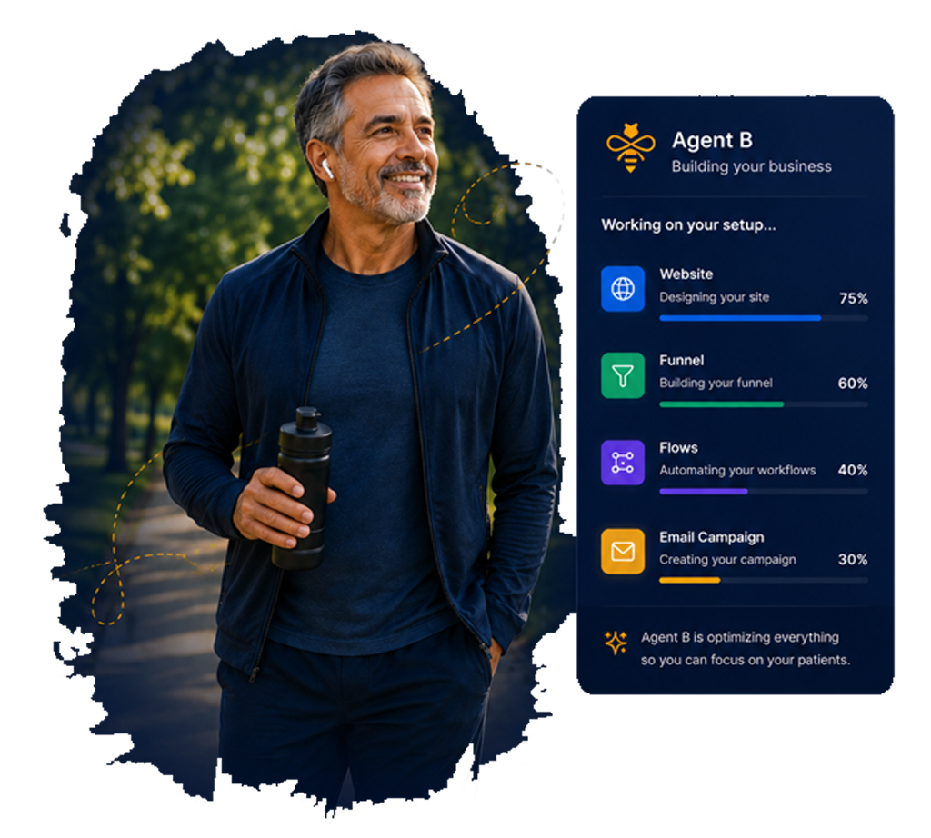 A practitioner speaking naturally to Agent Bee, a proposed build plan with review controls to the side.