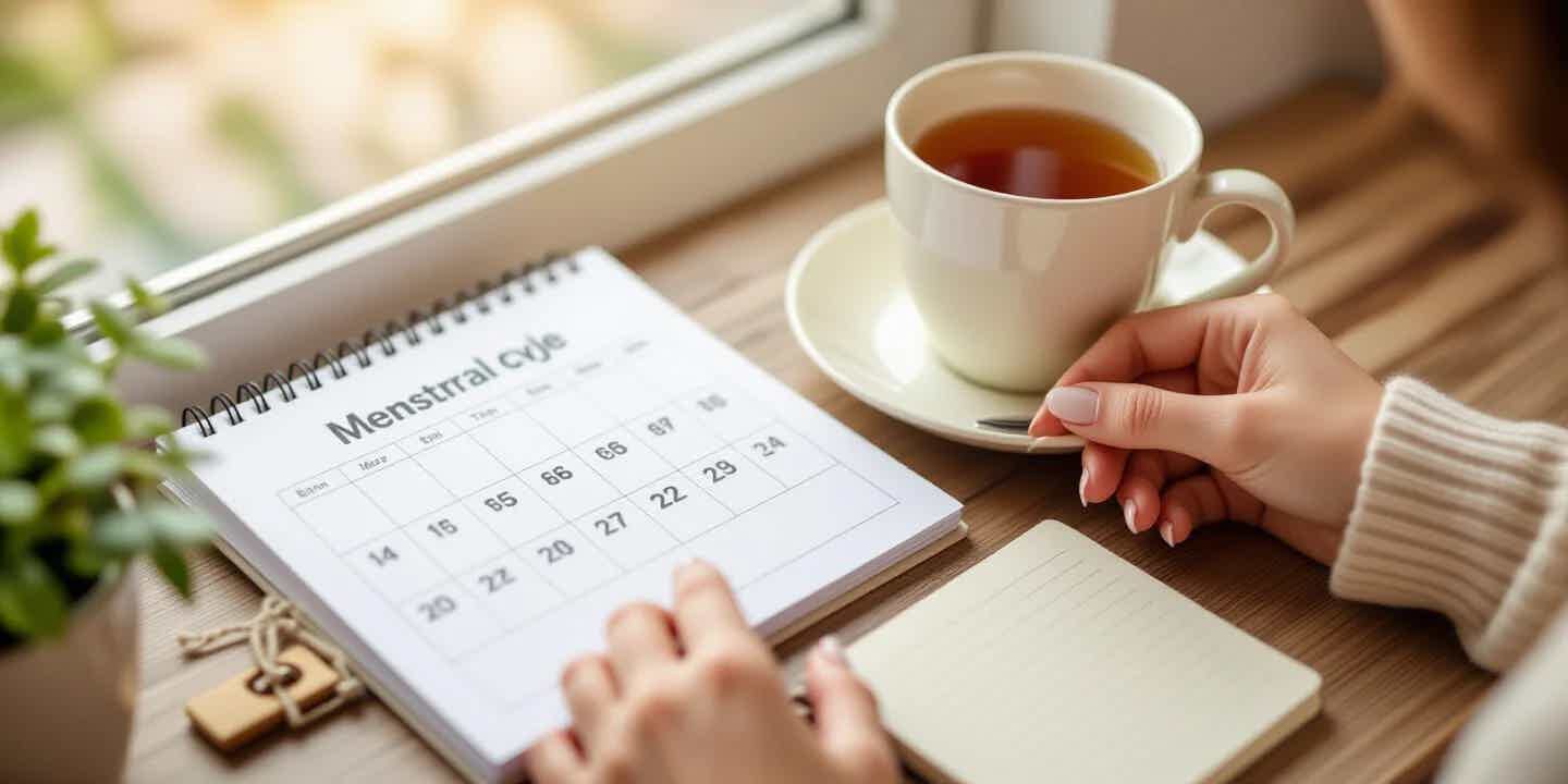 Woman tracking her menstrual cycle in a notebook next to a cup of herbal tea