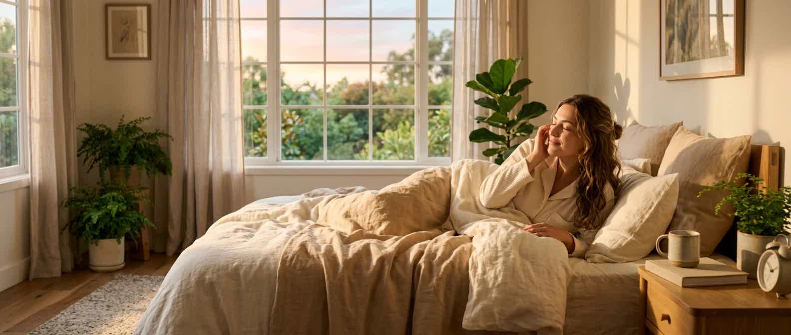 Woman waking up peacefully in soft morning light, representing healthy cortisol rhythm