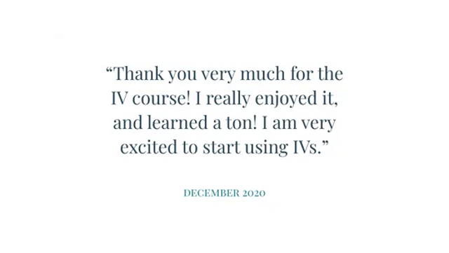 White card with quote: “Thank you very much for the IV course! I really enjoyed it…” and “December 2020”