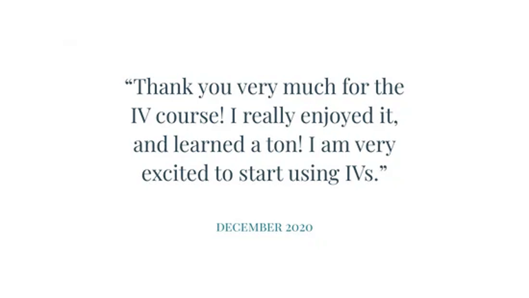 White card with quote: “Thank you very much for the IV course! I really enjoyed it…” and “December 2020”