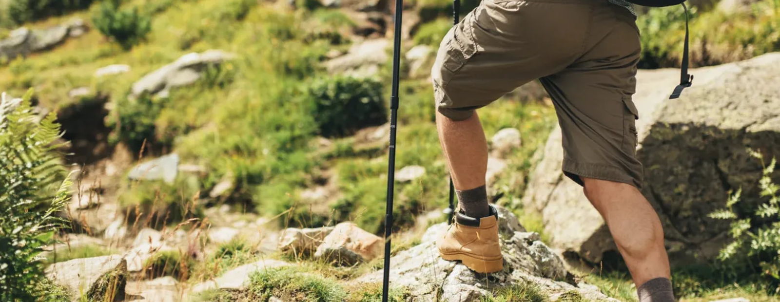 Hiker with backpack climbs a steep rock face beside a small waterfall in a green canyon.
