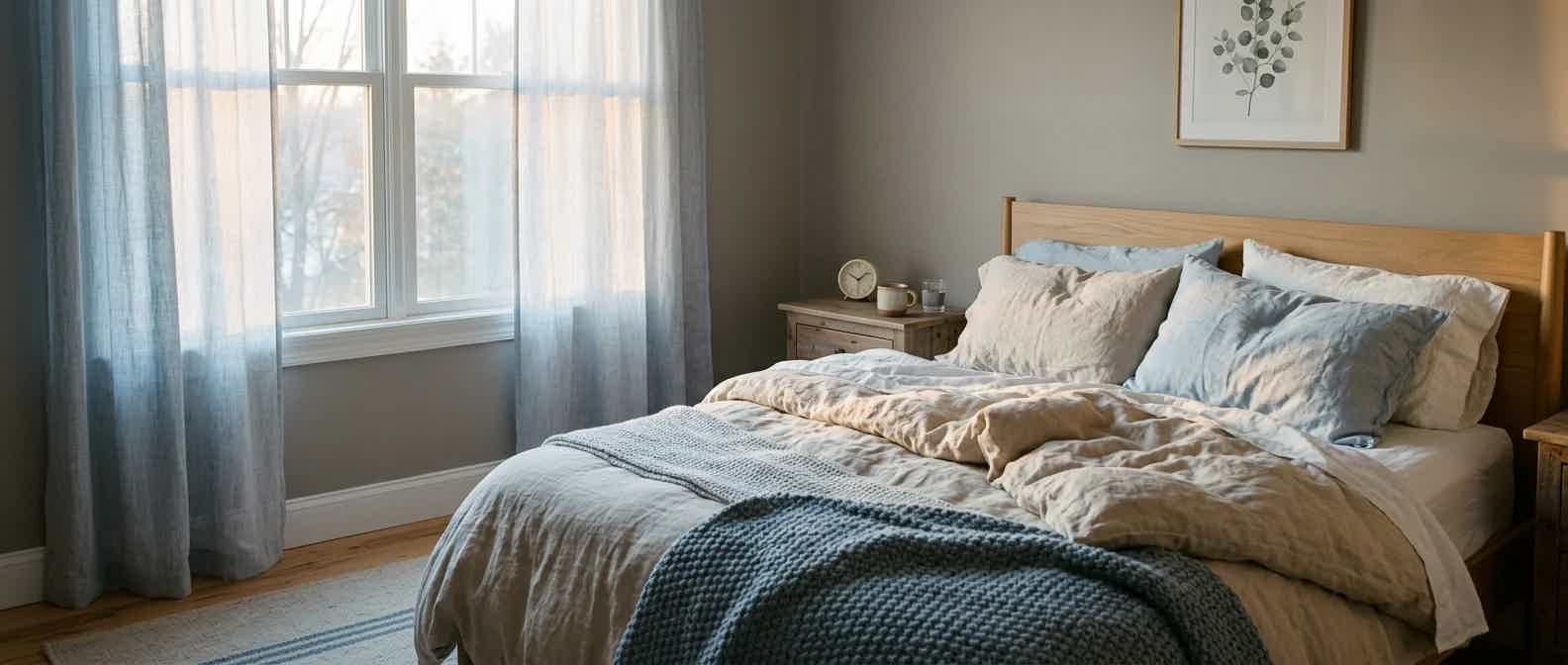Peaceful bedroom at dawn representing restorative sleep and metabolic health