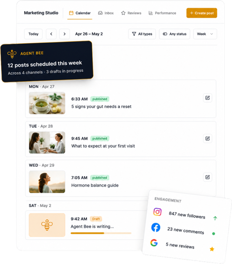 Marketing dashboard showing scheduled posts week view, status badges, and engagement metrics for Instagram, Facebook, and Goo