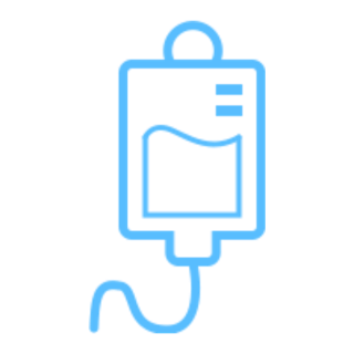 IV drip bag icon with a hanging bag and tubing, blue outline on black background.