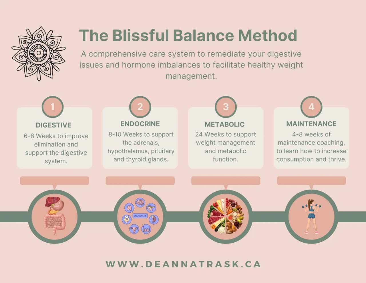 Infographic titled “The Blissful Balance Method” outlining digestive, endocrine, metabolic, and maintenance steps with icons.