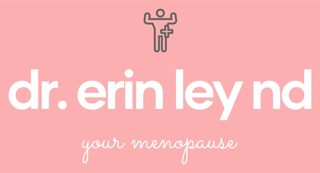Pink background with outlined male and female symbols above text: “dr. erin levy nd” and “your menopause.”