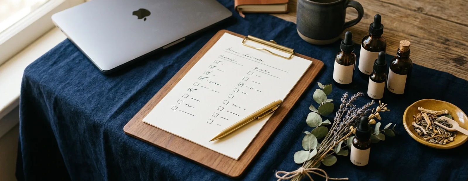 Naturopathic practitioner's desk with an SEO checklist on a clipboard, herbal dropper bottles, and a laptop on navy linen