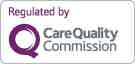 “Regulated by Care Quality Commission” logo, with purple magnifying glass icon and grey text.