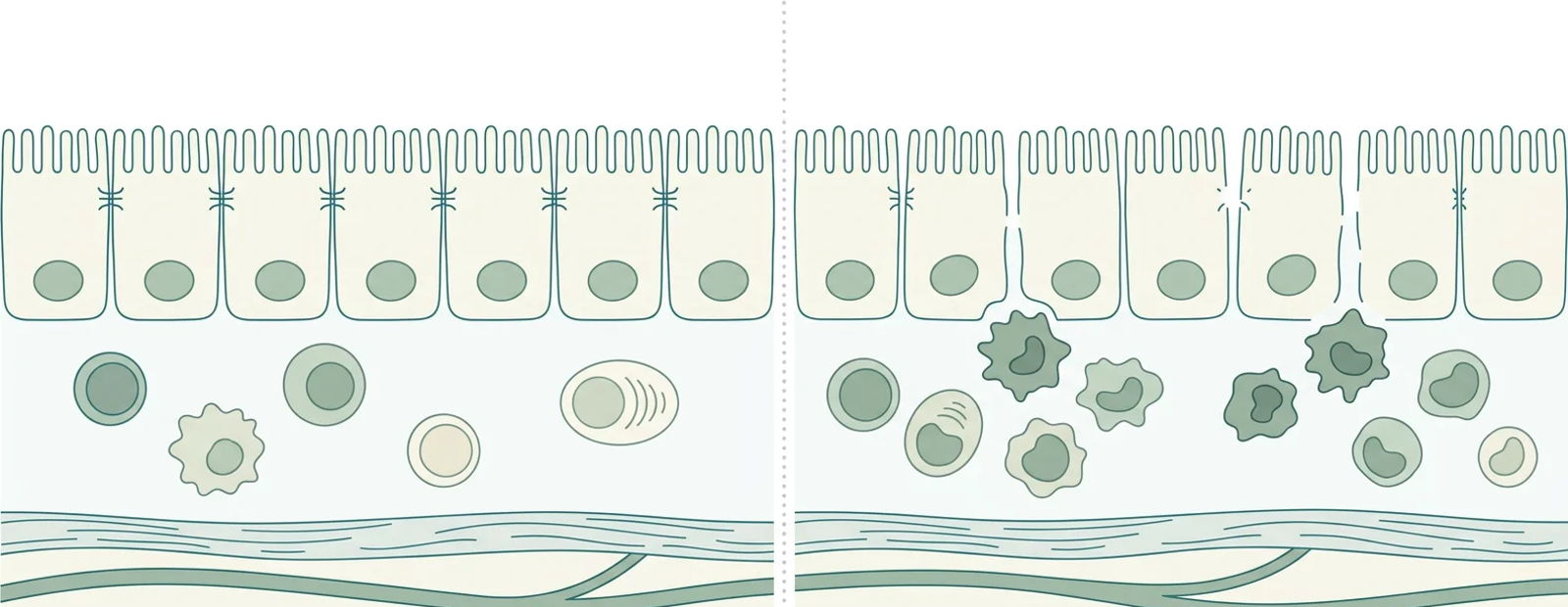 Clean minimalist medical illustration of the intestinal gut lining barrier, cross-section view showing tight junctions between intestinal cells, immune cells beneath the...