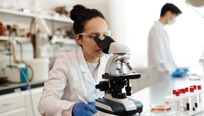 Calgary lab technician analyzing a gut microbiome stool sample under a microscope, part of the GI-MAP testing process.
