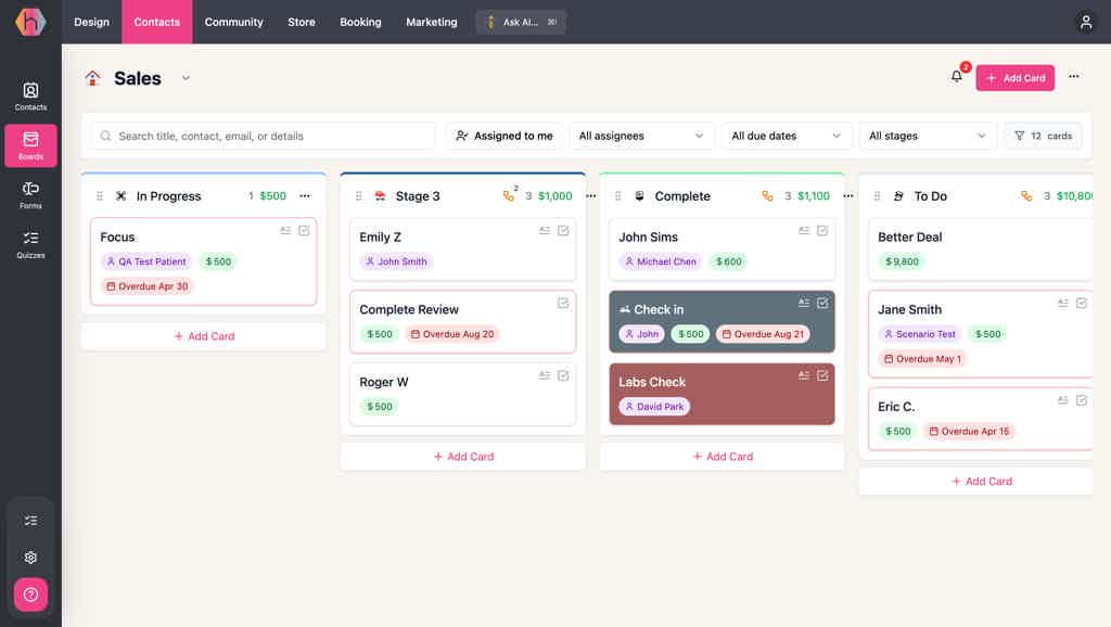 Hiveality board showing contact cards moving across pipeline stages with owners and due dates.