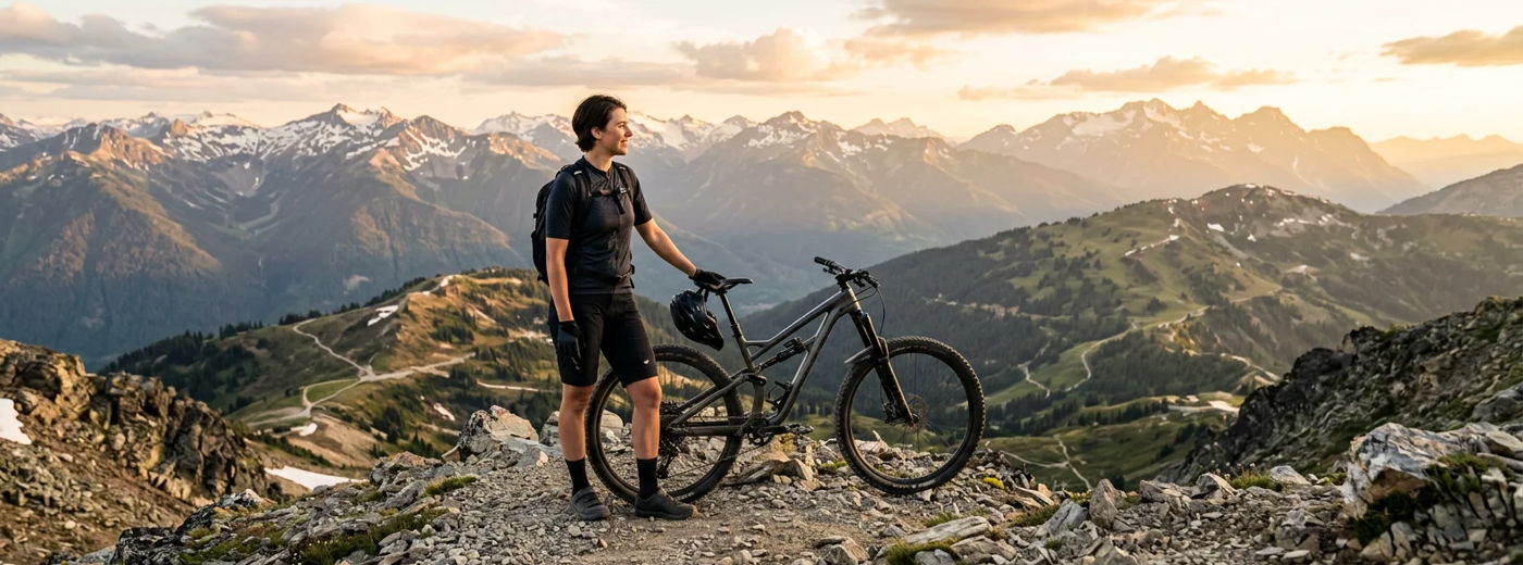 A lone cyclist standing beside a mountain bike on a rugged alpine summit, looking out over sweeping valleys and distant peaks, full-body composition with the bike clearly...