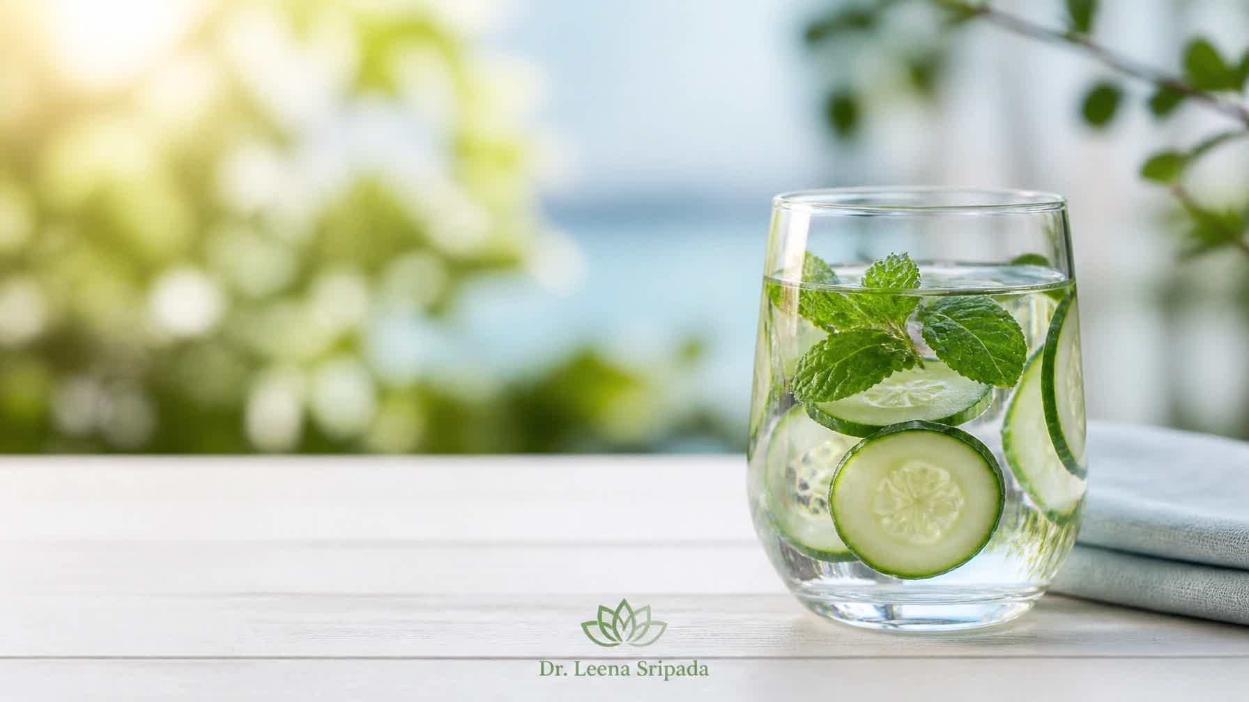 Tall glass of fresh cucumber and mint water with cucumber slices and mint leaves on a wooden table.