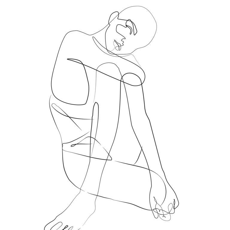 Person sitting, head resting on knee, arms wrapped around leg; appears introspective or resting.
