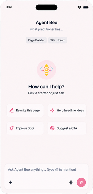 Smartphone screen showing “Agent Bee” writing assistant with options like Rewrite page, SEO, Hero headlines, and CTA.