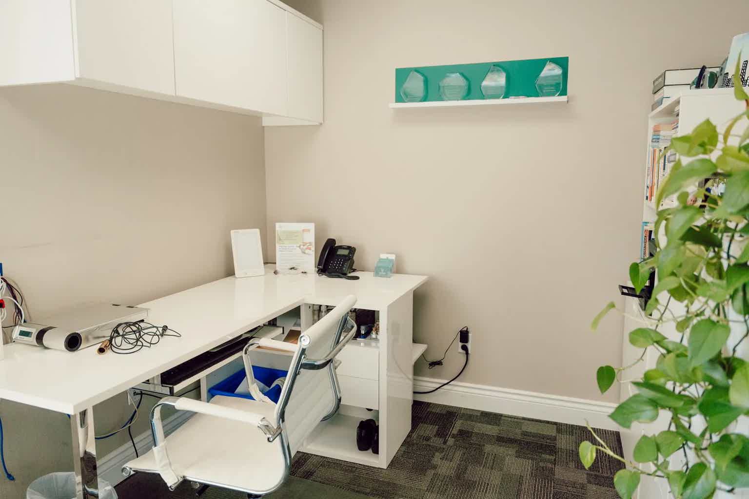 Clean office lab room with desk, chair, office phone, monitor shelf, bookshelves, and green wall sign panel.