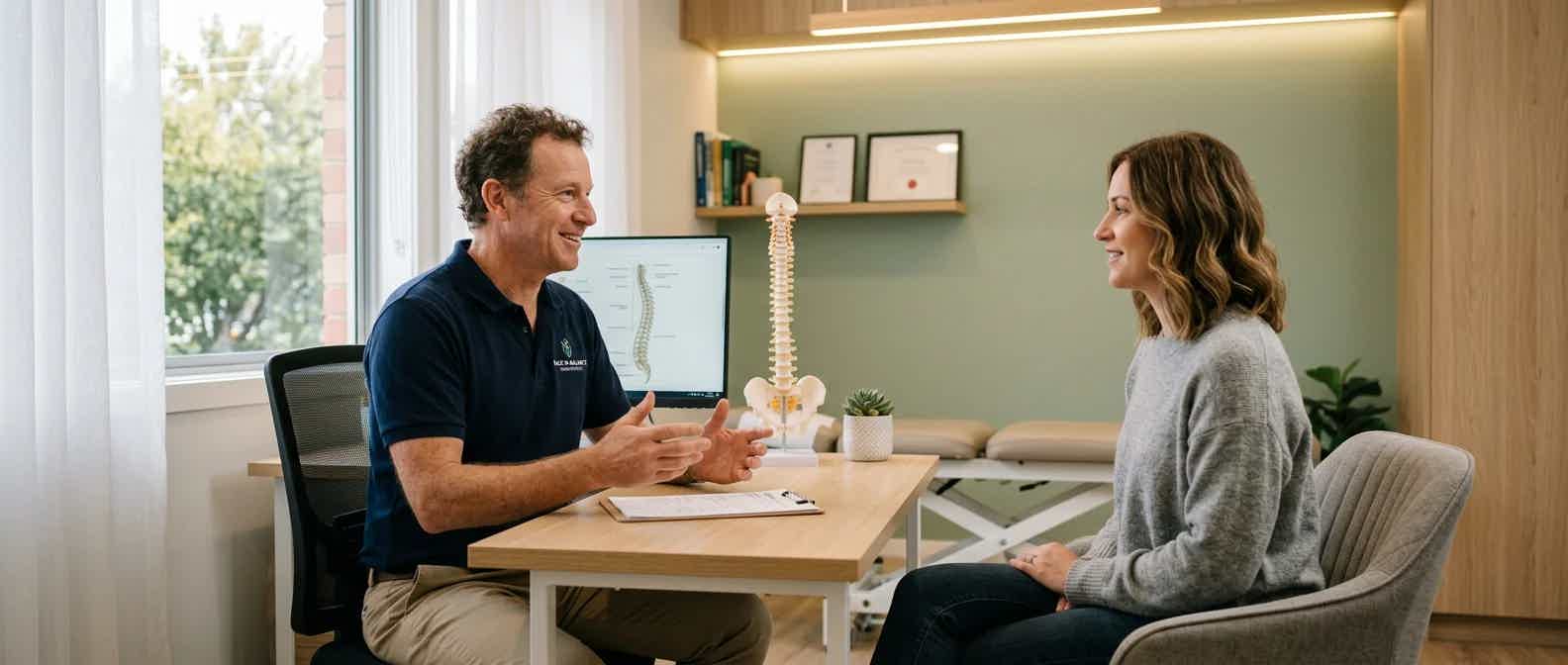 Welcoming modern chiropractic clinic interior, patient and chiropractor in consultation room, warm lighting, professional medical environment, calming colors, healthcare setting