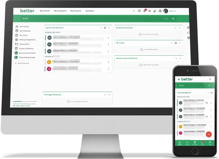 Dashboard interface displayed on desktop and mobile devices, with green navigation and multiple widgets.
