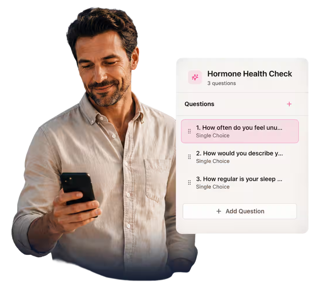 A wellness practitioner glancing at quiz results on his phone outside a bright modern clinic, with a Hiveality quiz result card overlay.