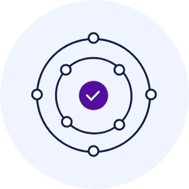 Circular atom-like diagram with a purple center checkmark, orbiting rings and nodes on a light blue background.
