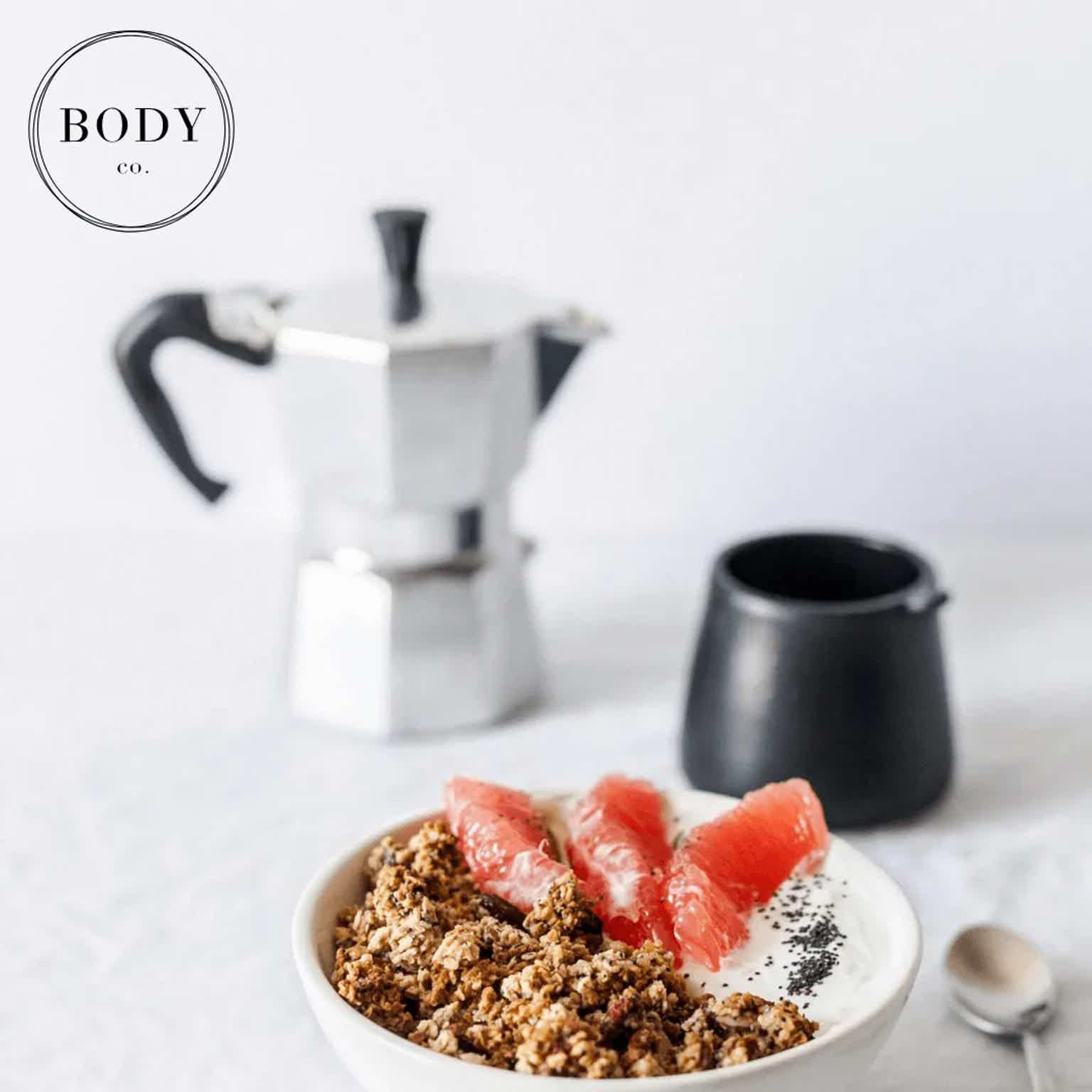 yogurt bowl with coffee on table