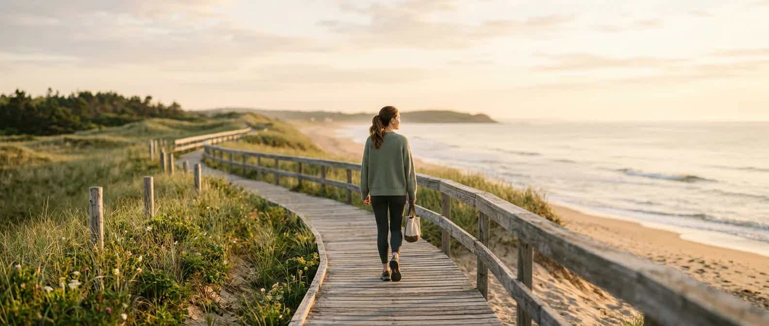Person walking along a sunlit coastal boardwalk near Seal Beach, California in early morning light, representing recovery and stress management for hormone health
