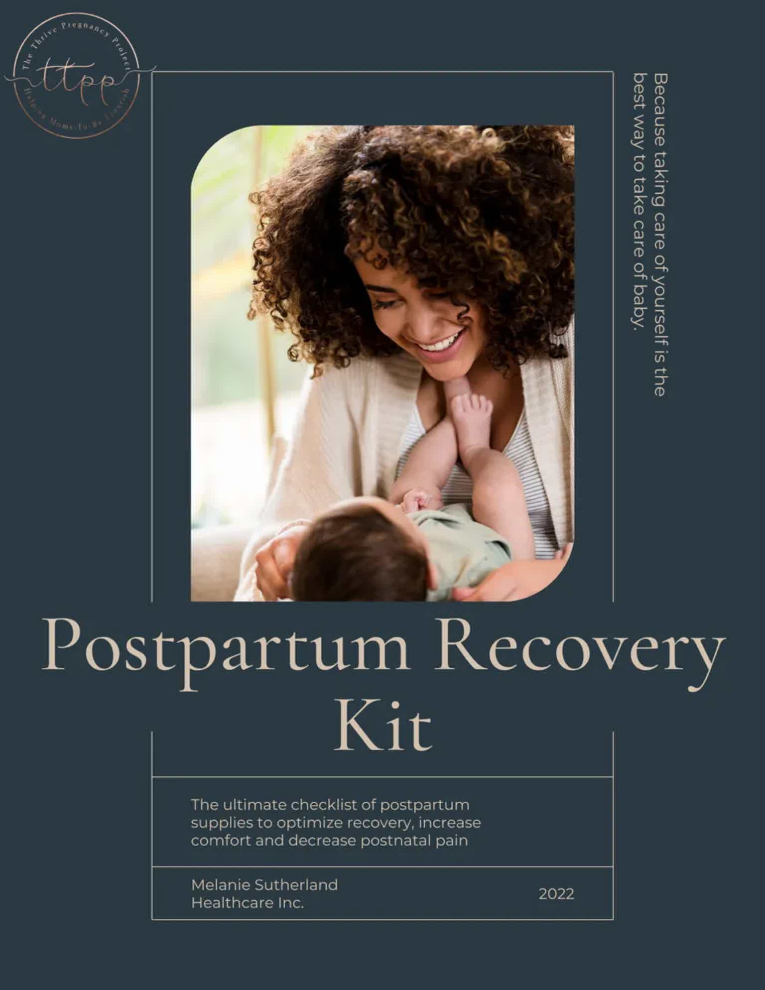 Curly-haired woman smiles while holding a newborn during postpartum recovery kit promo.