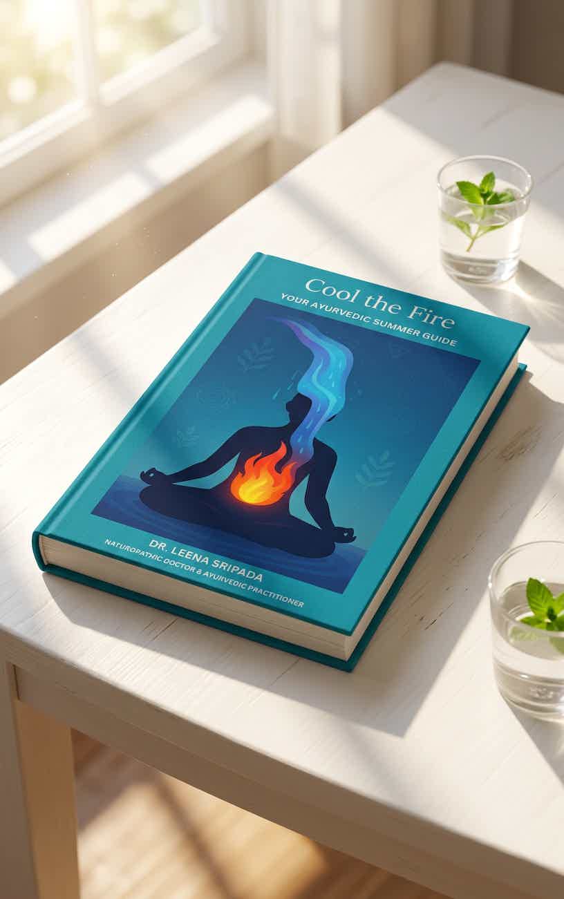 Teal book titled “Cool the Fire” with silhouette of a person and flames on a sunlit wooden table.
