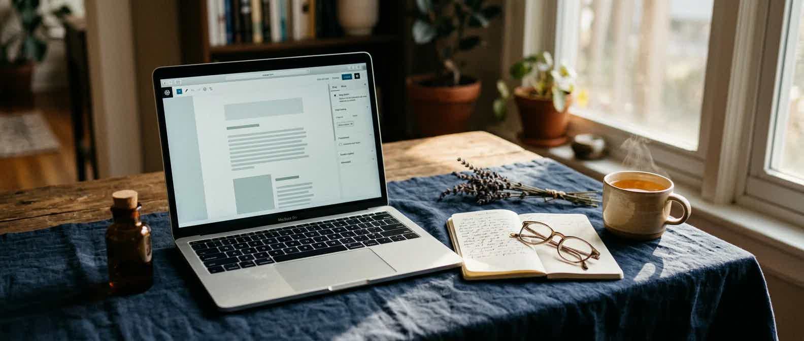 Cozy wellness blog writing scene with laptop, handwritten notes, lavender, and tea