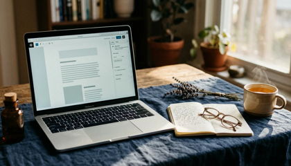 Cozy wellness blog writing scene with laptop, handwritten notes, lavender, and tea