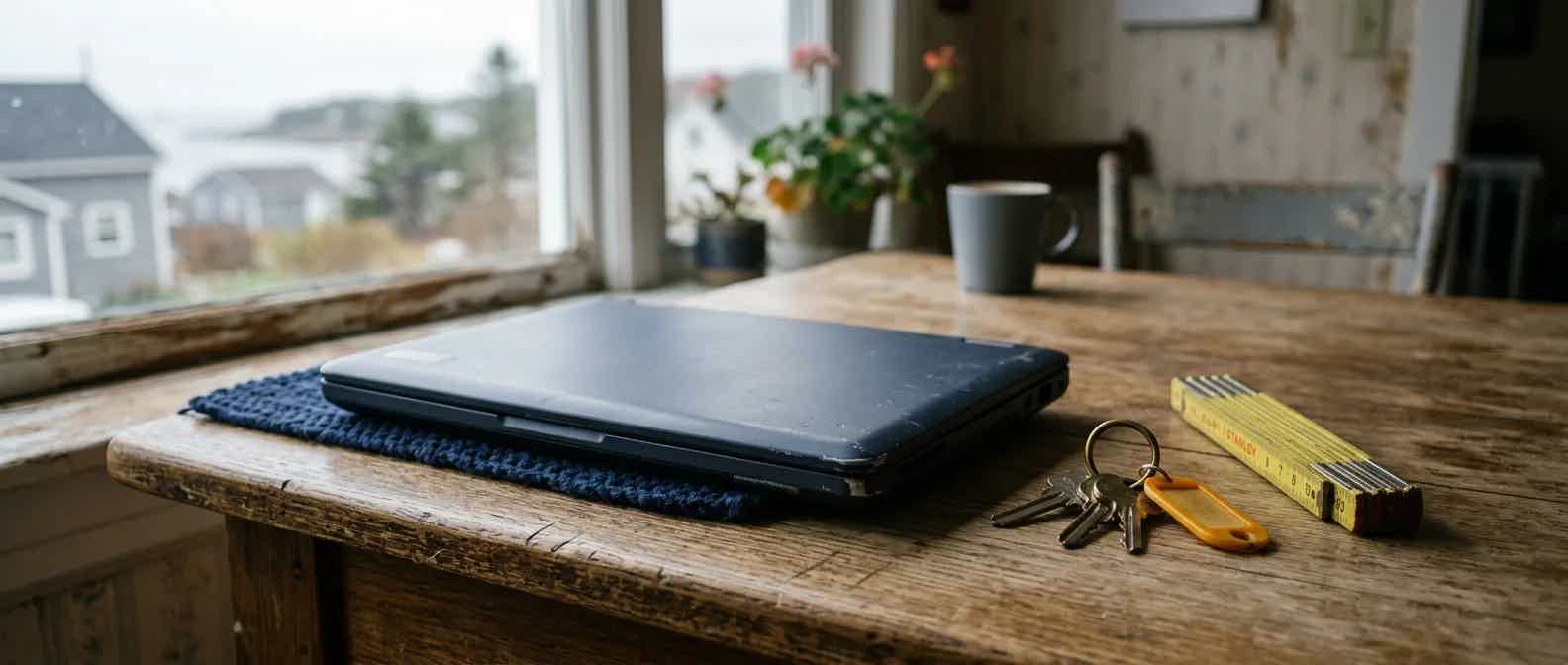 Closed laptop on a kitchen table beside house keys and a folded tape measure in soft window light.