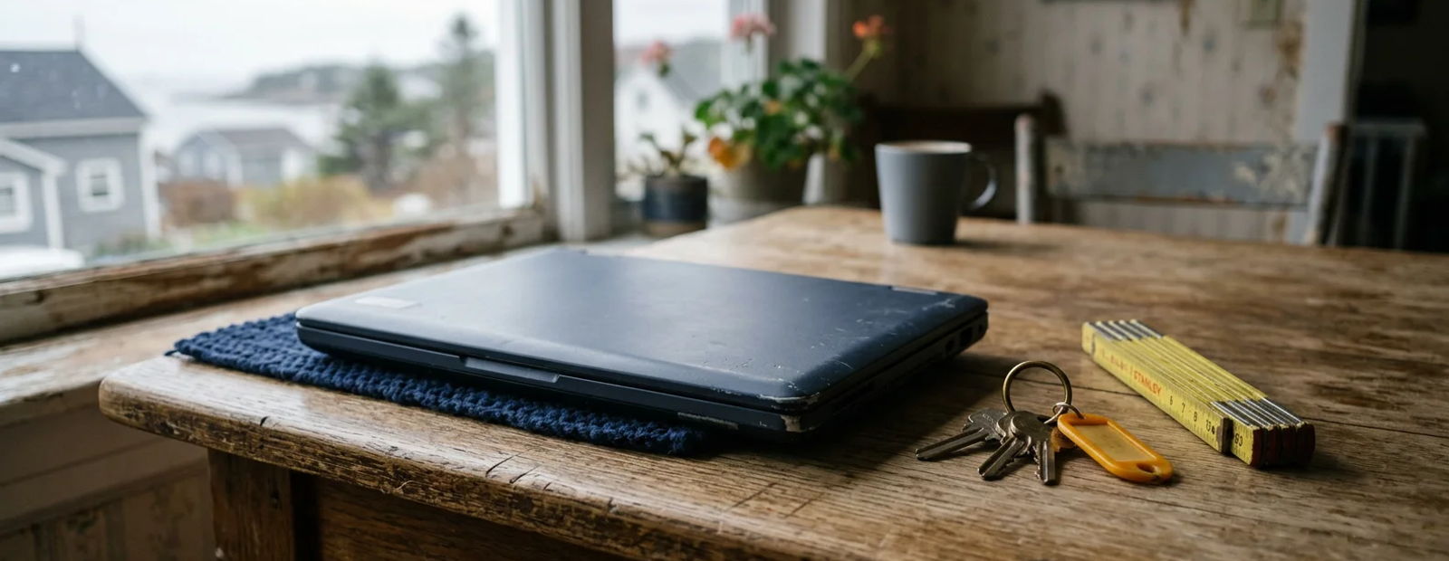 Closed laptop on a kitchen table beside house keys and a folded tape measure in soft window light.